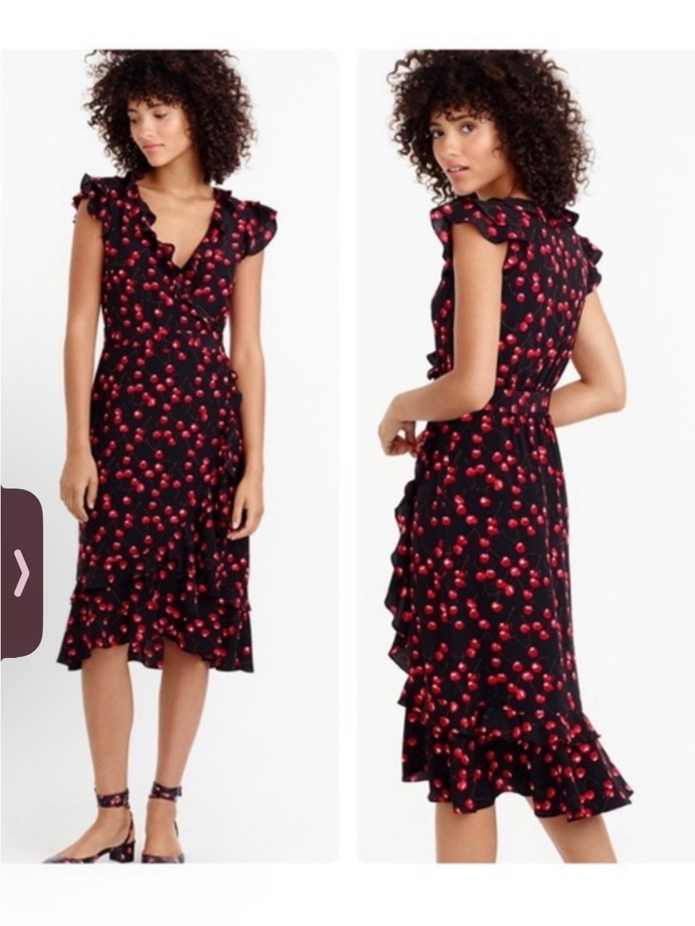 Red Cherry 🍒 Print on Navy Ruffle Knee length- Midi Dress